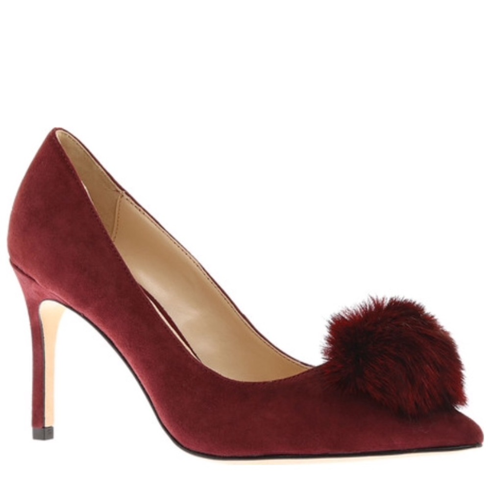 Charles David Suede Duchess Heels w/ Fluffy Pom Accent - Cabernet - $229 NWT!